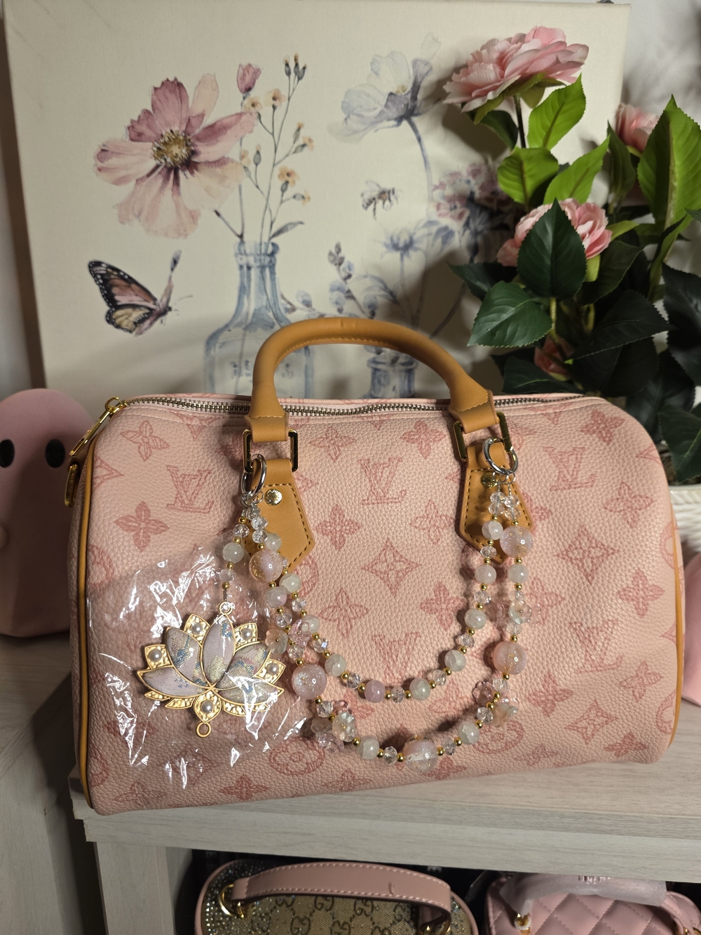 Pink Monogram Satchel Handbag with Beaded Accent